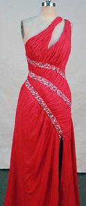 Beading Red Real Sample Prom Pageant Dress with High Slit and Ruches for 2014