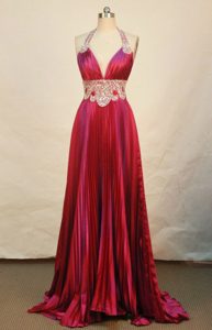Halter Top Red Prom Pageant Dress with Appliques and Pleats 2014