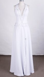 Amazing Halter-top Chiffon Prom Party Dress in White with Beads and Backless