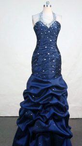 Noble Mermaid Halter Top Prom Party Dress in Taffeta with Beads and Pick-ups