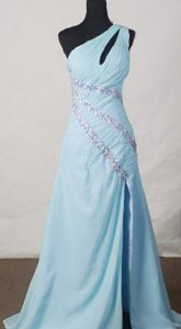 One Shoulder Beaded Real Sample Prom Pageant Dress with Cutout and High Slit