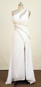 White One Shoulder Prom Dress for Ladies with Beadings and High Slit for 2013