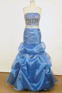 Beautiful Mermaid Strapless Prom Theme Dress with Beads and Pick-ups in Blue