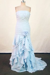 Strapless Light Blue Prom DressCourt in Baby Blue with Ruches and Ruffles