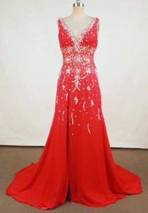 V-neck Sweep Train Real Sample Senior Prom with Beadings in Red for Spring