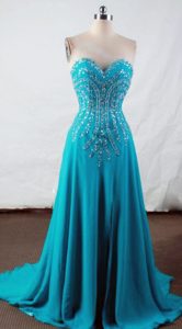Popular Beading Real Sample Teal Senior Prom in Chiffon with Sweetheart Neck