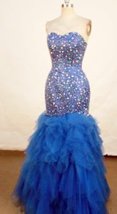 Exquisite Mermaid Sweetheart Prom Dress for Girls with Ruffles and Beads in Blue