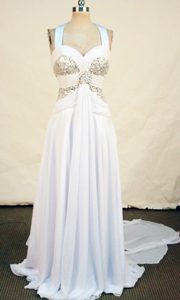 Beautiful White Halter Top Prom Attire with Beads and Lace Up Back in Chiffon