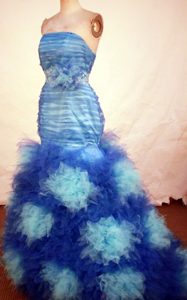 Blue Mermaid Strapless Real Sample Senior Prom with Beads and Rolling Flowers
