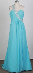 Aqua Blue One Shoulder New Prom Graduation Dress with Ruches and Appliques