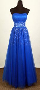 Blue Empire Strapless Prom Homecoming Dress with Beads and Ruches on Sale