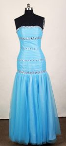 Beading Strapless Aqua Blue Prom Dresses with Ankle-length in Taffeta and Tulle