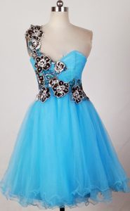Cute Aqua Blue One Shoulder Prom Court Dresses with Appliques in Mini-length