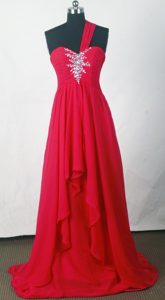 Red Empire One Shoulder Chiffon Prom Dress for Girls with Beads and Ruches