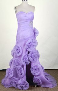 Sweetheart High-low Lilac Prom Dress with Handmade Flowers and Beads