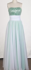 Green and White Empire Strapless Prom Party Dresses in Chiffon with Beadings
