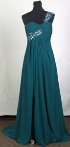 One Shoulder Teal Prom Graduation Dress with Ruches and Sequins in Chiffon