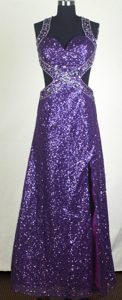 Sequined Purple Prom Dresses for Girls with Criss Cross on Back and High Slit
