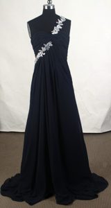Affordable Empire One Shoulder Prom Attire with Beadings and Ruches in Black