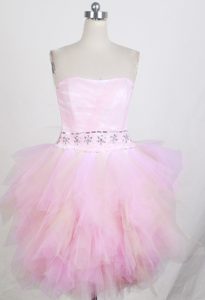 Mini-length Strapless Real Sample Prom Court Dresses with Ruffles and Beadings