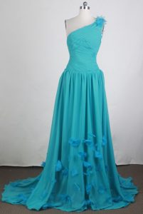 Glitz Empire One Shoulder Teal Prom Dress for Girls with Ruches and Appliques