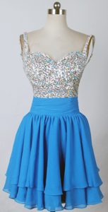 Discount Spaghetti Straps Beading Blue Prom Dresses with Mini-length in Chiffon