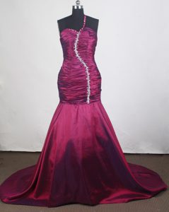 Ruching and Beading Mermaid Senior Prom in Fuchsia with One Shoulder 2014