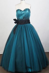 Modest 2013 Teal Sweetheart Prom Dress for Girls with Sequins and Black Sash