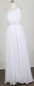 Popular One Shoulder White Prom Court Dress with Beads and Ruches in Chiffon