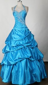 Halter-top Taffeta Real Sample Prom Dress with Beads and Pick-ups in Aqua Blue