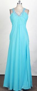 Romantic Empire V- Neck Prom Gown Dresses in Baby Blue with Beading