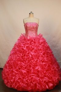 Dramatic Strapless Organza Red Quinceanera Dresses with Rolling Flowers