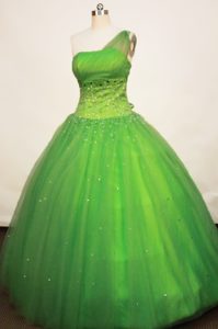 Dazzling One Shoulder Beaded Quinceanera Dress in Tulle in Spring Green