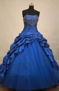 Modest Strapless Long Tulle Quinces Dresses with Beading in Blue