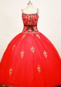 Modest Strapless Tulle Red Quinceanera Real Sample Dress with Applique for Less