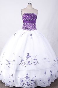 Exclusive Strapless White Organza Quinceanera dress with Embroidery on Sale
