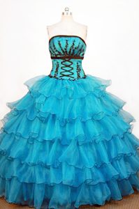 Perfect Strapless Teal Organza Quinceanera Real Sample Dresses with Ruffles