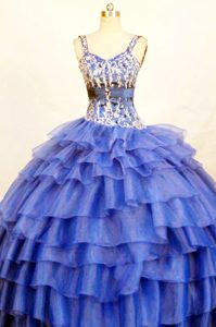 The most Popular Ball Gown Blue Quinceanera Dress with Appliques in Organza