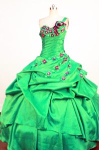 Perfect One Shoulder Spring Green Taffeta Quinceanera Dresses with Appliques
