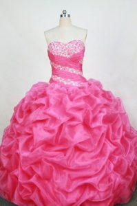 Romantic Ball Gown Rose Pink Organza Beaded Quinceanera dress with Pick Ups