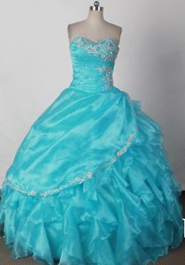 Blue Strapless Organza Cheap Quinceanera Dress with Beading and Ruffles