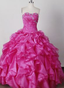 Cheap Strapless Ruffled Real Sample Quinceanera Gown Dress in Hot Pink