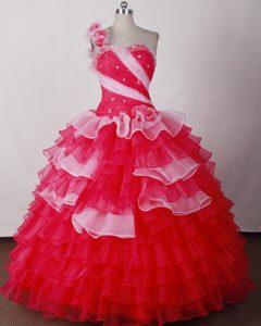 Sweet One Shoulder Beaded Organza Quince Dresses with Ruffled Layers