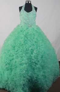 Halter Top Apple Green Organza Real Sample Quince Dress with Beading