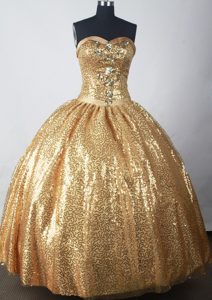 Gold Ball Gown Strapless Dress for Quinceanera with Sequins on Promotion
