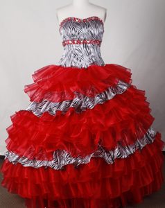 Strapless Red and Zebra Organza and Taffeta Quinces Gown with Beading