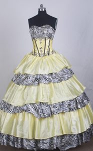 Inexpensive Yellow and Zebra Sweetheart Ruffled Sweet 15 Dress in Taffeta