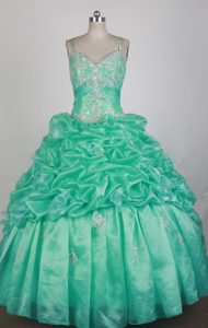 Straps Apple Green Beaded and Ruched Quinceanera Dress with Appliques