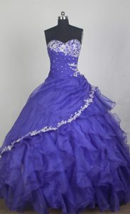 Sweetheart Purple Organza Dresses for Quince with Appliques and Beading