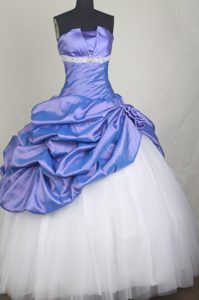 Affordable Strapless Taffeta and Tulle Quince Dress in White and Lavender